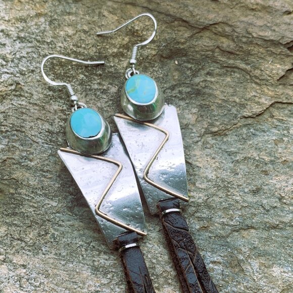OOAK Sterling Silver/Gold Filled Panels/Oval Turquoise/Leather Tassel Earrings - Picture 4 of 7